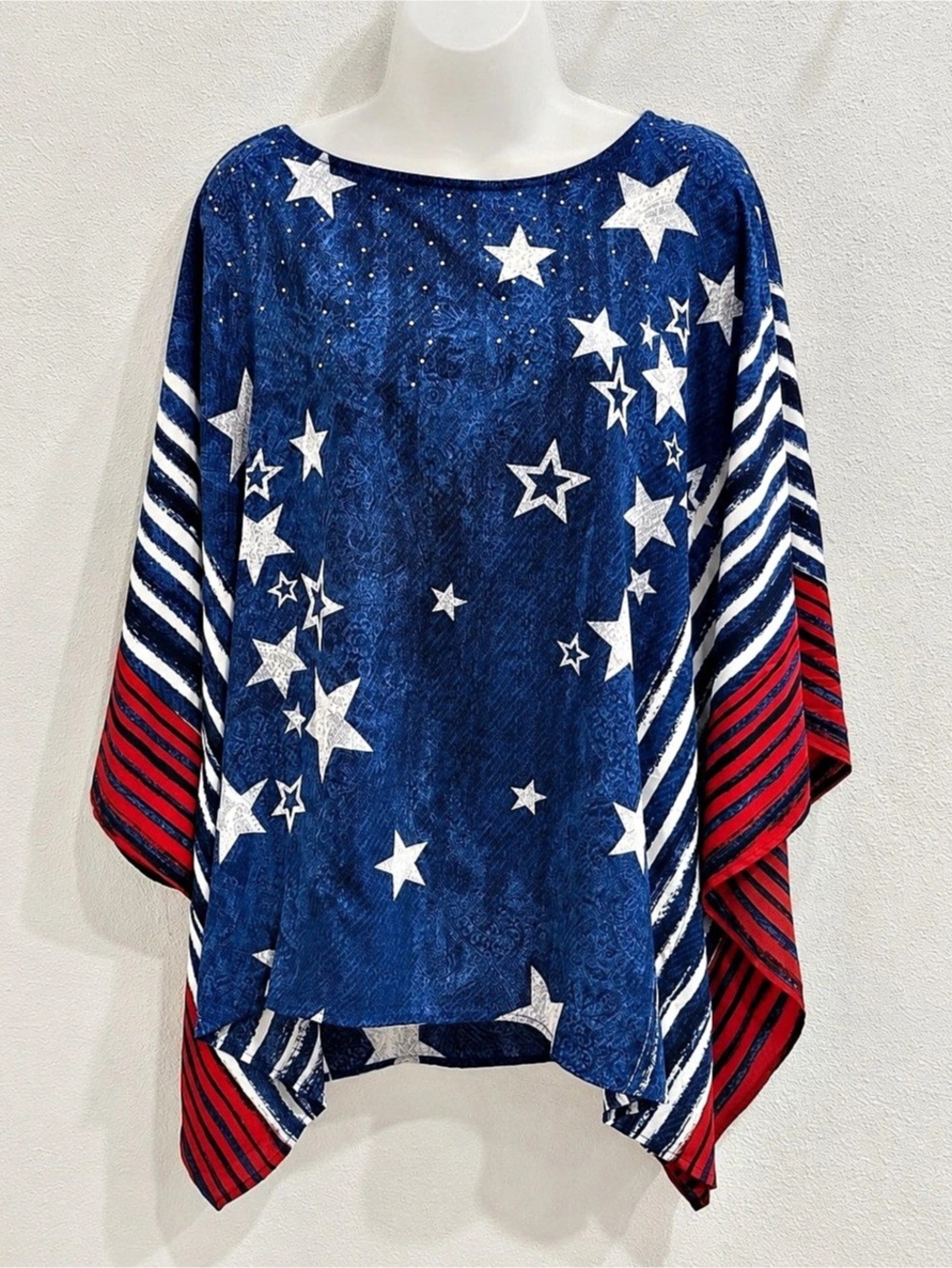 Quacker Factory Stars Stripes Tunic Top XL Rhinestone Batwing